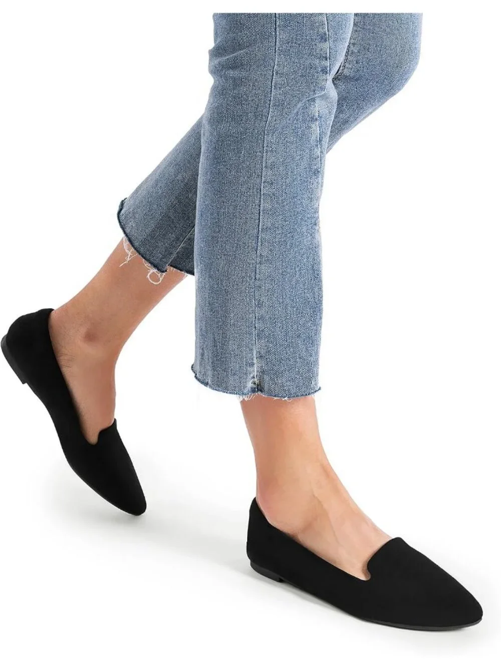 Women's Black Faux Suede Chic pointed toe elegant casual loafer Dress Flat Shoes
